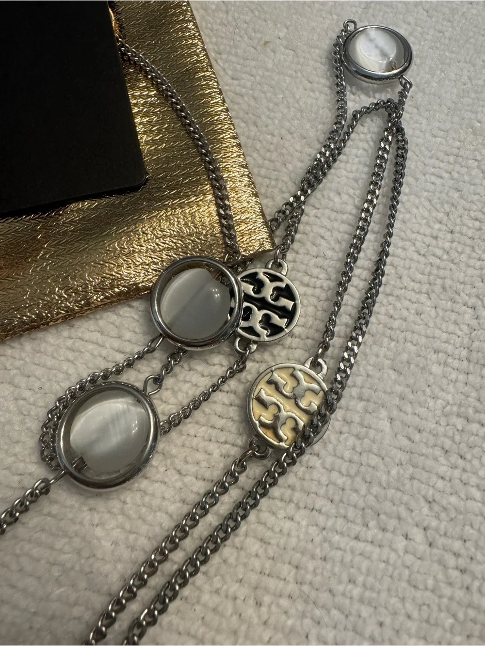 Tory Burch Silver-Tone Logo & Mother-of-Pearl Station Necklace